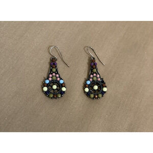 Vintage Silver Tone Teardrop Dangle Earrings Colored Cabochons Boho Retro